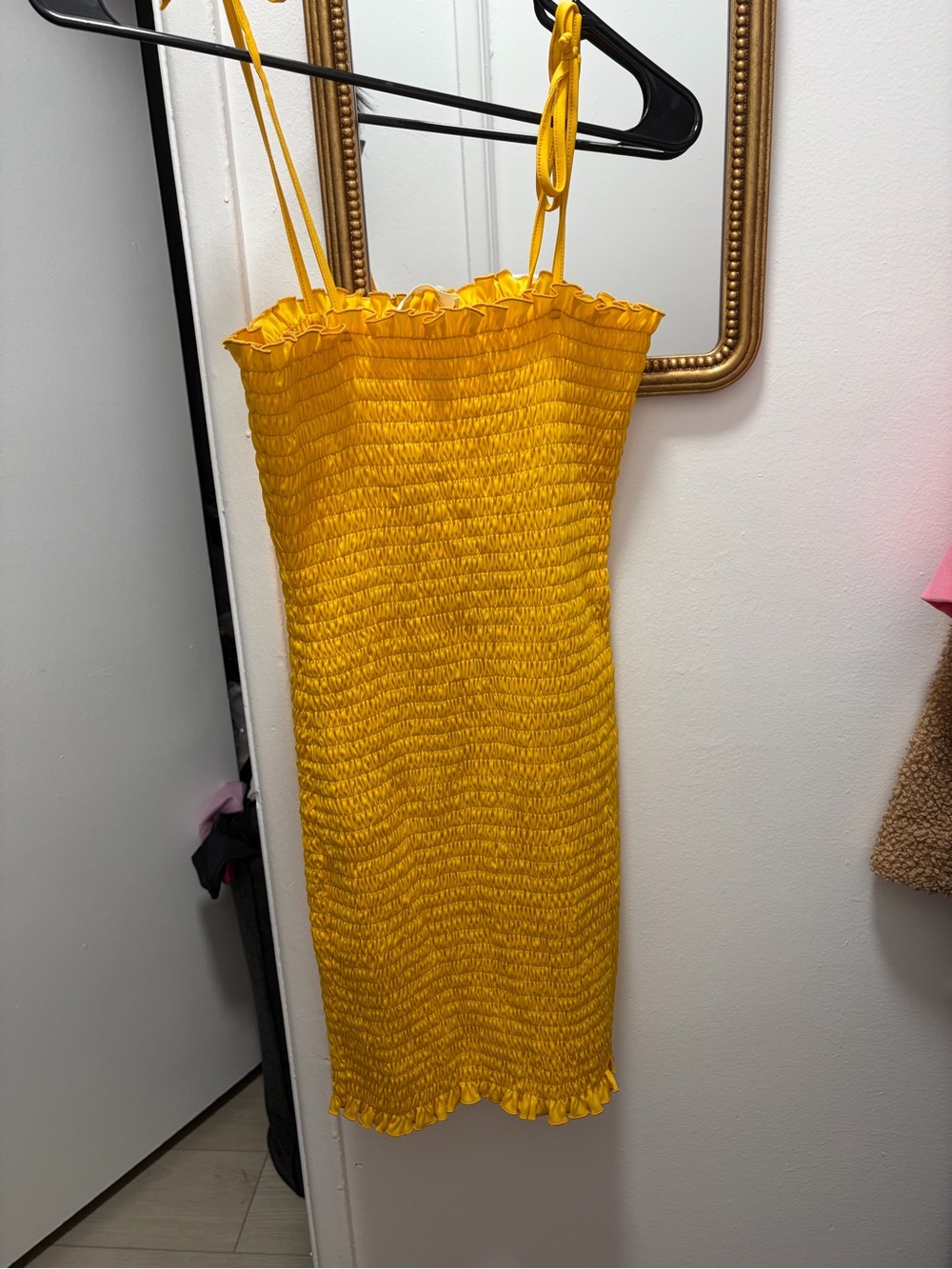 Fashion Nova Yellow Smocked Ruffle Midi Dress